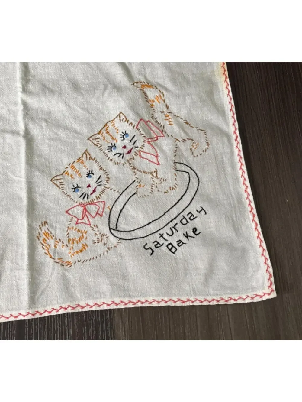 Hand Embroidery Cats Saturday Bake Day Vintage Tea Towel Decorative Dish Towel
